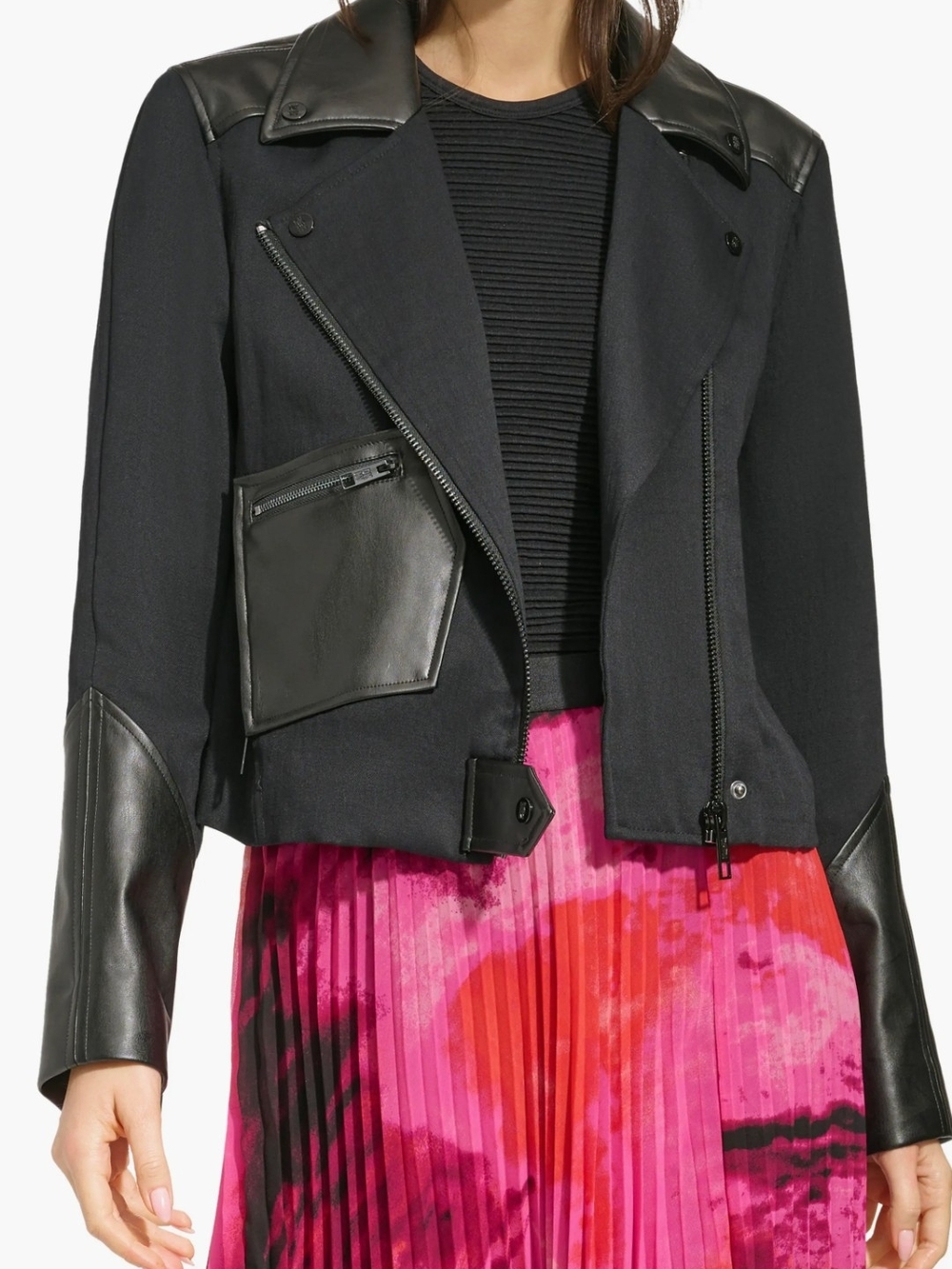 DKNY Black Mixed Media Moto Jacket with Faux-Leather Trim Size XL
